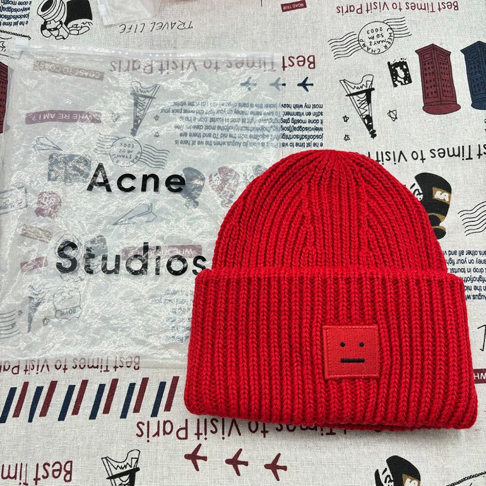 Acne Studios Red Ribbed Face Logo Patch Winter Beanie Hat Cap